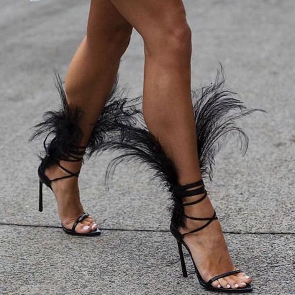 Fashion Nova Black feather lace up pointed heels